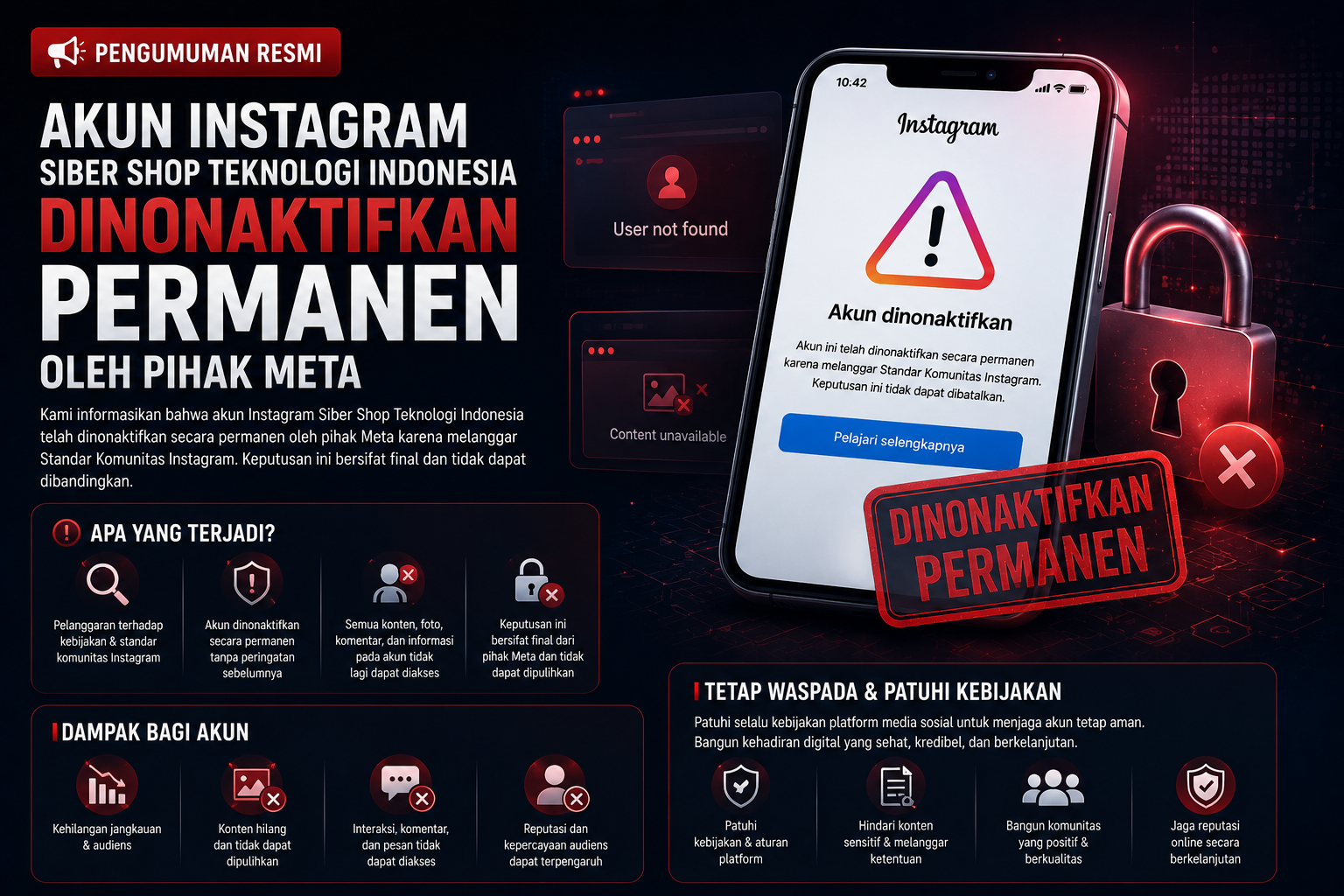 Pengumuman Resmi Instagram Siber Shop Dinonaktifkan
